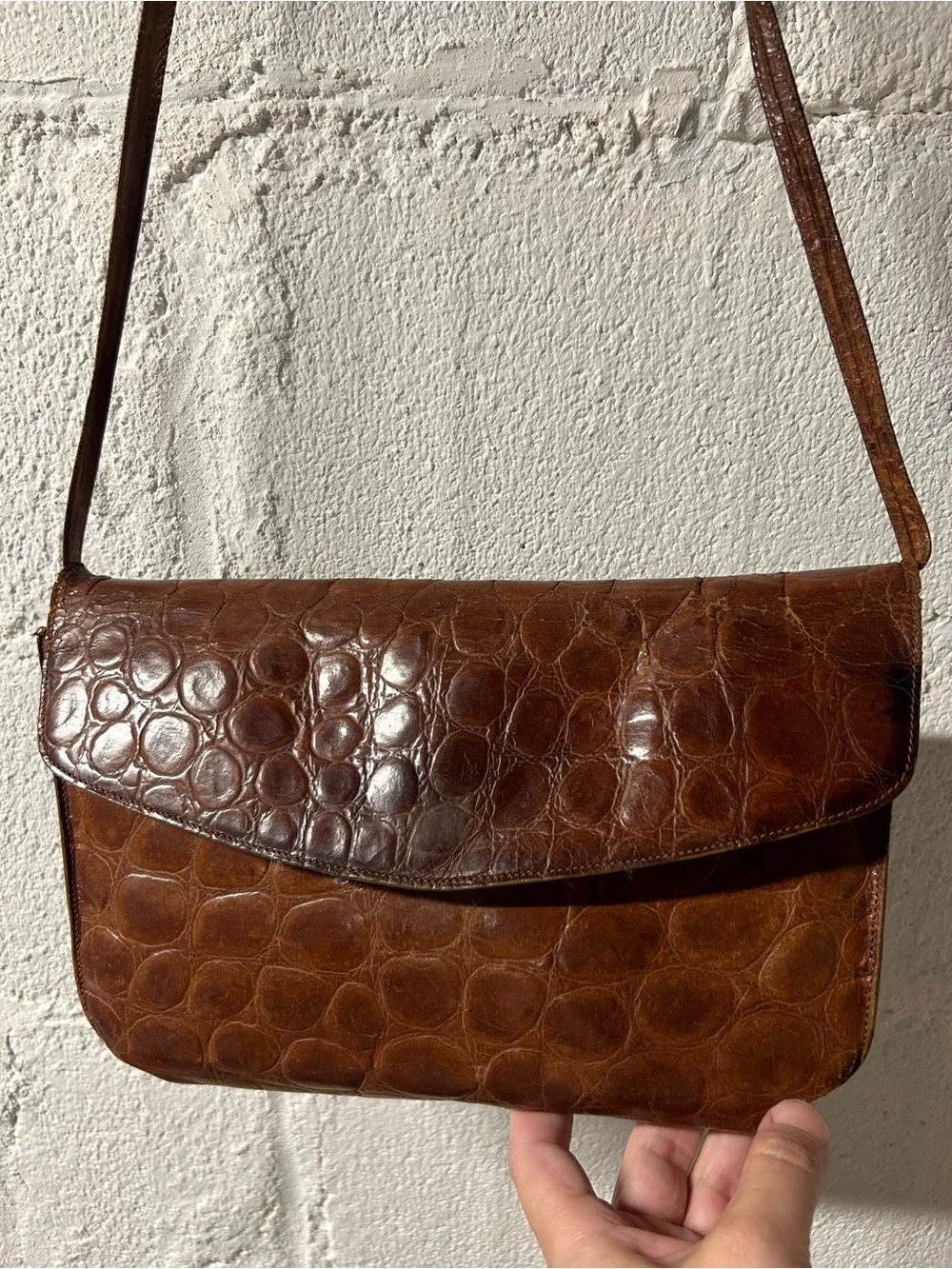 Joan & David Vintage Brown Croc-Embossed Leather Shoulder Bag